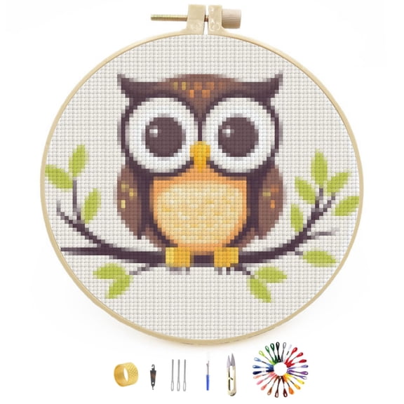Cute Cartoon Owl on Branch Stamped Cross Stitch Kits for Beginners with Hoop Simple Patterns 11CT Counted Embroidery Needlepoint Crafts Arts for DIY Enthusiasts and Home Decor 26x26cm(4)