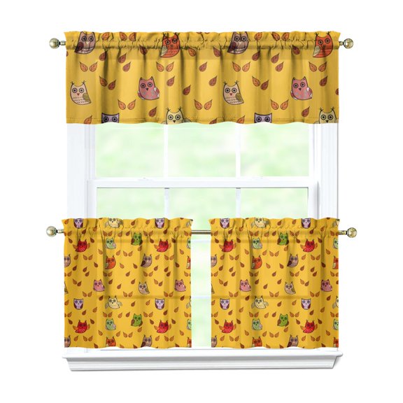 Cute Cartoon Owl Kitchen Curtains 3-Piece Set - Night Themed Tier & Valance, Rod Pocket Window Treatment Panels for Small Windows (White Semi-Sheer)