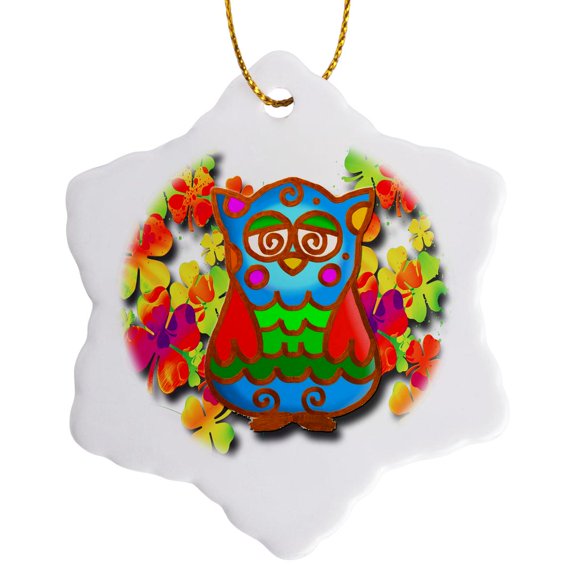 3drose, Cute Cartoon Owl with Big Eyes in a Floral Pastel Garden of Flowers, 3 inch Snowflake Porcelain Ornament