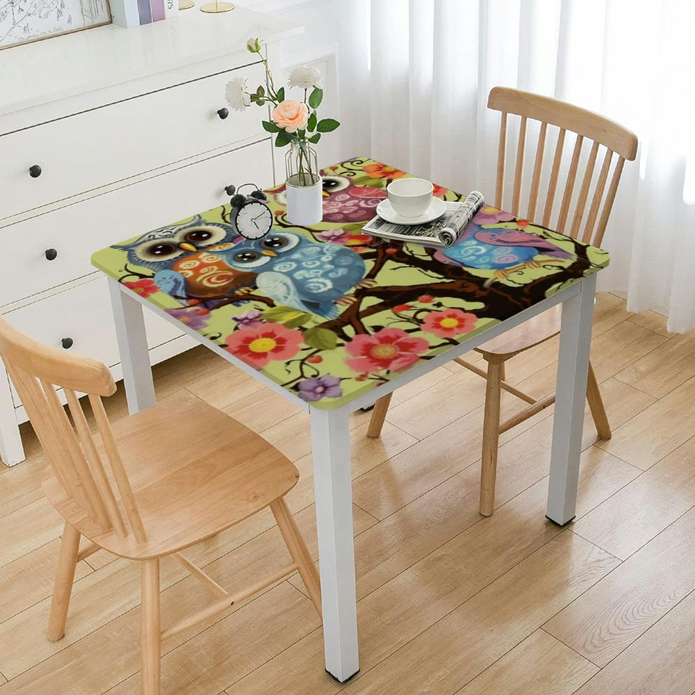 Cute Cartoon Owls Sit on Flowers Trees Square Tablecloth Washable Table