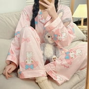 Cute Cartoon Pajamas Kawaii Kuromi My Melody Cinnamoroll Long-Sleeved Cotton Korean-Style Home Clothes TwoPiece Girly Heart Gift