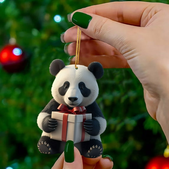 Cute Cartoon Panda Christmas Ornament - Colorful Printed Acrylic Hanging Pendant for Home Tree Decor, Window Sill, Car, Backpack, Holiday Gift Exchange & White Elephant Party(I)