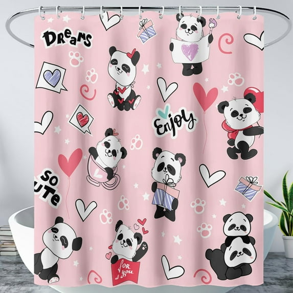 Cute Cartoon Panda Shower Curtain,Pink Kawaii Panda Kids Girls Bath Curtain,Funny Hearts Bear Decoration Waterproof Shower Curtain 36" W x 72" H,with 12 Plastic Hooks