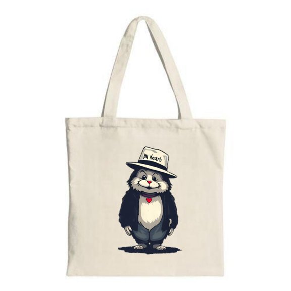 Cute Cartoon Panda Tote Bag - White Canvas Panda in Formal Outfit with ' I'm Cute ' Hat & Heart Perfect for Shopping & Travel