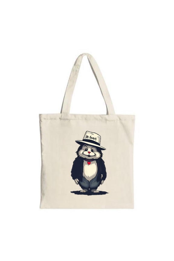 Cute Cartoon Panda Tote Bag - White Canvas Panda in Formal Outfit with ' I'm Cute ' Hat & Heart Perfect for Shopping & Travel