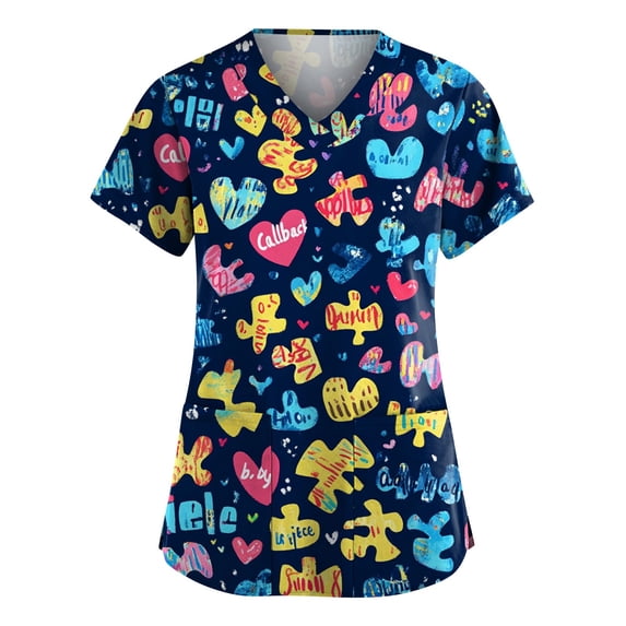 Cute Cartoon Pattern Scrub Tops for Women Stretchy Wrinkle Resistant V-Neck Short Sleeve Nurse Uniform with Pockets Multicolor 5XL