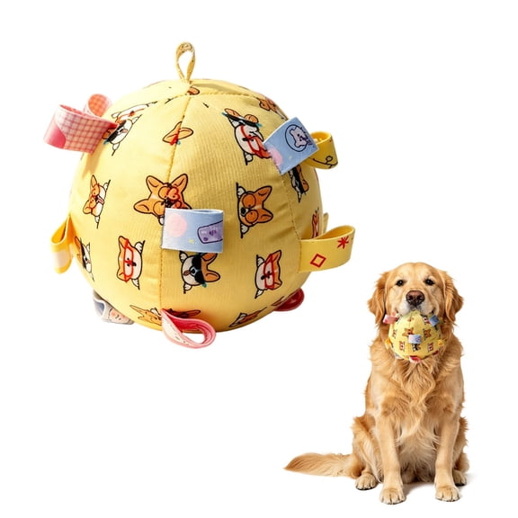 Cute Cartoon Patterns Dog Squeaky Plush Toy with Straps, 6-Inch Soft Stuffed Ball with Cotton Material and Bell Built-in, Pet Interactive Fetch Toy for Small to Large Dog, Yellow