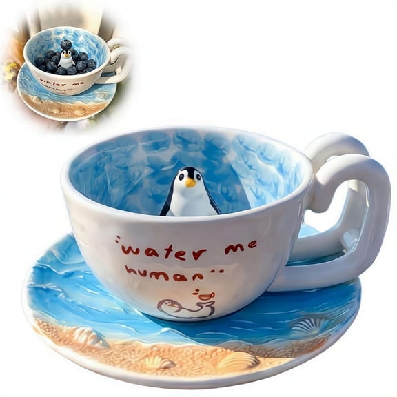 Cute Cartoon Penguin Ceramic Mug with 3D Swimming Penguin Figure, Blue Ocean Interior Design, Coffee Cup with Plate