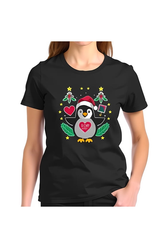 Cute Cartoon Penguin Christmas T-Shirt for Women - Soft Cotton Short Sleeve Tee with " I <3 Xmas " Design Festive Holly and Heart Pattern