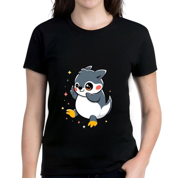 Cute Cartoon Penguin Short Sleeve T-Shirt for Women - Playful Design with Colorful Stars & Dots Cheerful Graphic Tee