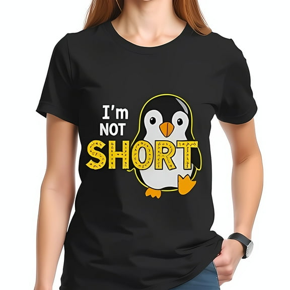 Cute Cartoon Penguin T-Shirt - "I'm Not Short" with Whimsical Yellow Design - Fun & Casual Tee for Confident Women