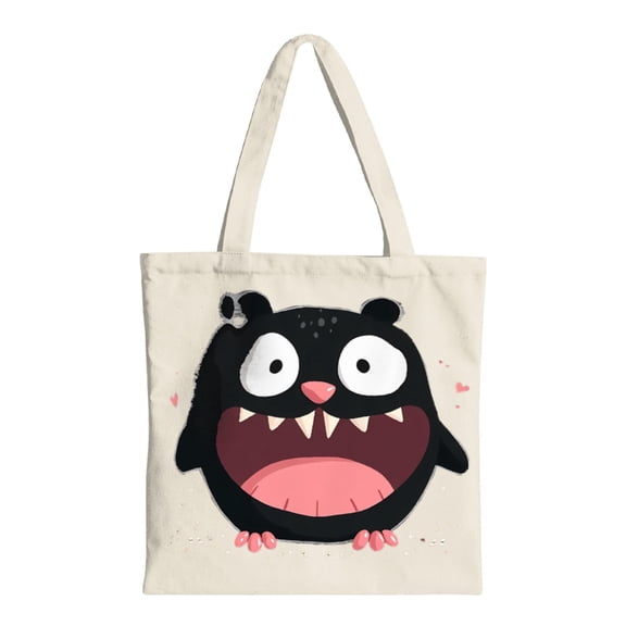 Cute Cartoon Penguin Tote Bag - Beige Canvas Reusable Shopping Bag with Pink Hearts Perfect for Parties Travel & Everyday Use