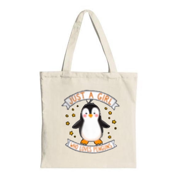 Cute Cartoon Penguin Tote Bag - Cheerful design with stars & ' JUST A WHO LOVES Penguins ' banner perfect for shopping & travel