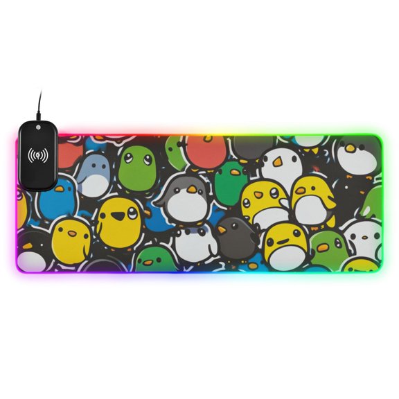Cute Cartoon Penguins Wireless Charging RGB Gaming Mouse Pad Large Keyboard Mat Rubber Base 13 Light Modes