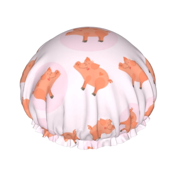 Cute Cartoon Pig Orange Shower Cap, Reusable Bath Hair Hat for all Hair Lengths Hair Cover with Elastic Band Double Waterproof Layers Bathing Hat