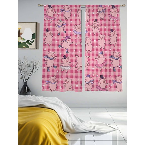 Cute Cartoon Pig Pink Buffalo Plaid Sheer Curtains 2 Panels Set Happy Children's Day Lihgt Filtering Rod Pocket Voile Drape,Semi Sheer Window Curtains for Bedroom Living Room,52"x63"