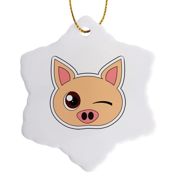3drose, Cute Cartoon Pig Winking, 3 inch Snowflake Porcelain Ornament