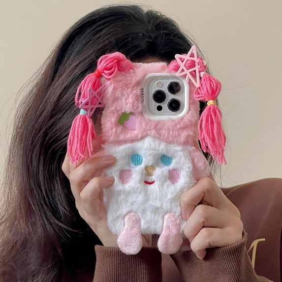 Cute Cartoon Pink Furry Phone Case Compatible with iPhone 12 pro max, Funny 3D Fluffly DIY Braids Plush Winter Warm Shockproof Phone Cover for Girls Women