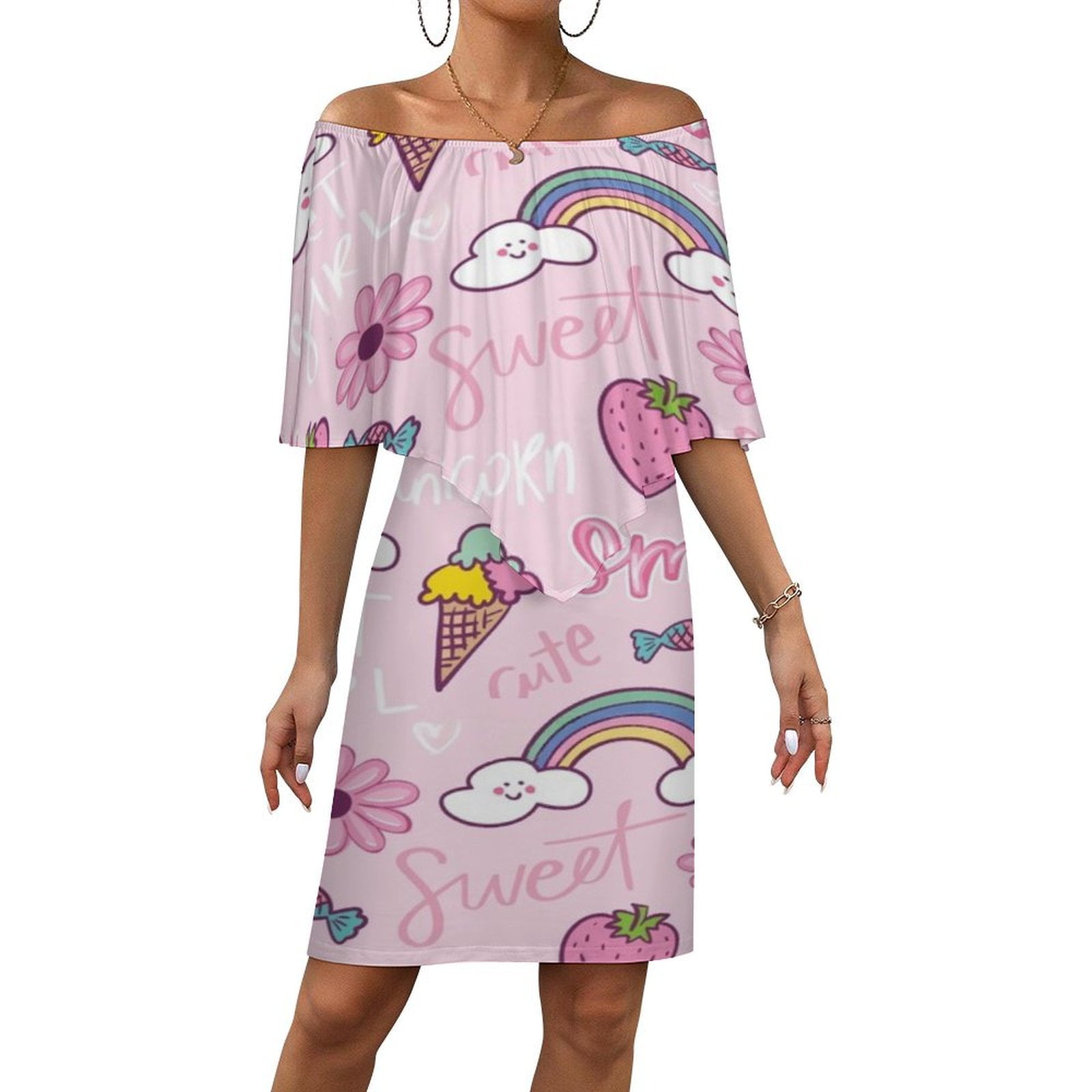 Cute Cartoon Pink Rainbow, Ice Cream Flowers Women's Off The Shoulder ...