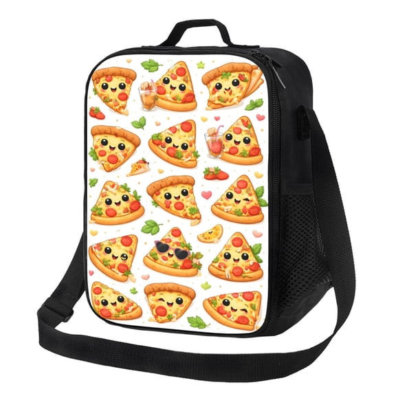 Cute Cartoon Pizza Fun Food Lover Lunch Bag Insulated Thermal Box with Shoulder Strap & Handle for Work and Picnic