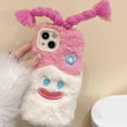 thumbnail image 1 of Cute Cartoon Plush Phone Case Compatible with iPhone 14 Pro, Funny 3D Pink Furry Winter Warm Plush Spoof Braids Face Shockproof Phone Cover for Girls Women, 1 of 12