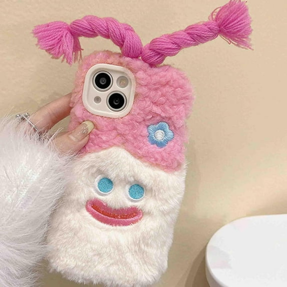 Cute Cartoon Plush Phone Case Compatible with iPhone 14 Pro Max, Funny 3D Pink Furry Winter Warm Plush Spoof Braids Face Shockproof Phone Cover for Girls Women