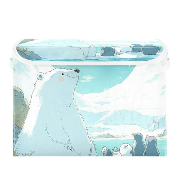 Cute Cartoon Polar Bear Large Storage Bins with Linen Collapsible Lid Storage Box 16.7 x 12.6 x 11.8in