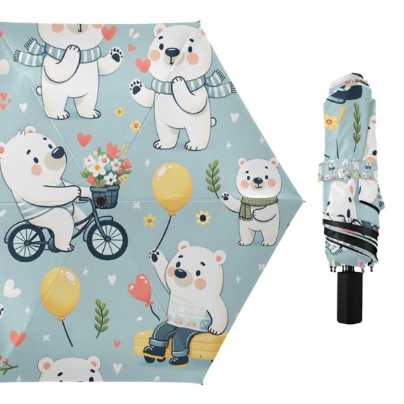 Cute Cartoon Polar Bears Compact Sun Umbrella Windproof Travel Umbrellas for Rain Strong Portable UV Protection