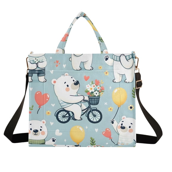 Cute Cartoon Polar Bears Corduroy Tote Bag Handbag Large Messenger Bag Shoulder Crossbody Zipper Bag Purse