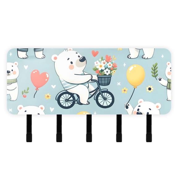 Cute Cartoon Polar Bears Mail Holder Organizer Wall Mount with Shelf Key Holder Key Rack with 5 Key Hooks for Wall Decorative