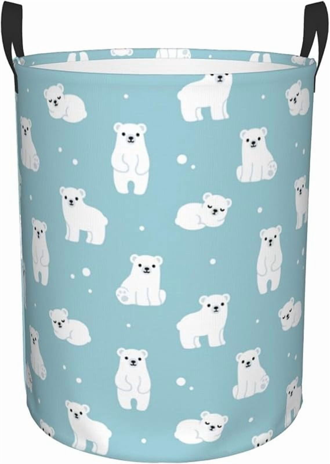 Cute Cartoon Polar Bears Round Laundry Hamper Storage Basket Toys Clothes Organizer Bin For Home Bathroom Bedroom Dorm Nursery