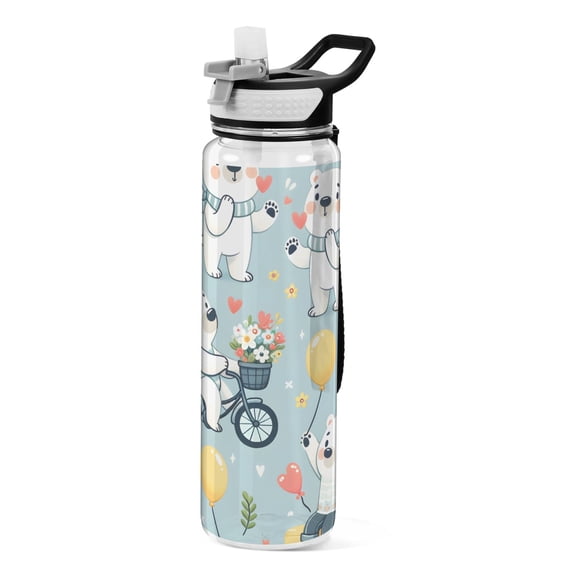 Cute Cartoon Polar Bears Sports Water Bottle Portable Travel Mug 32oz BPA Free Leak Proof Straw Transparent Tritan for Gym Yoga Cycling Camping