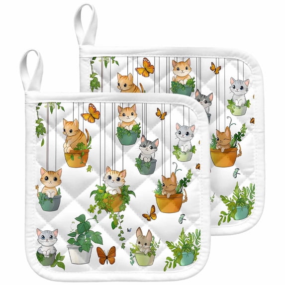 Cute Cartoon Pot Holders for Kitchen Heatproof Potholder, 2 Pack Cat Butterfly Spring Floral Botanical Hot Pads Multipurpose Oven Pads Cloth Potholders Trivet for Cooking and Baking