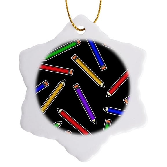 3drose, Cute Cartoon Primary Colors Pencil Print - Black, 3 inch Snowflake Porcelain Ornament