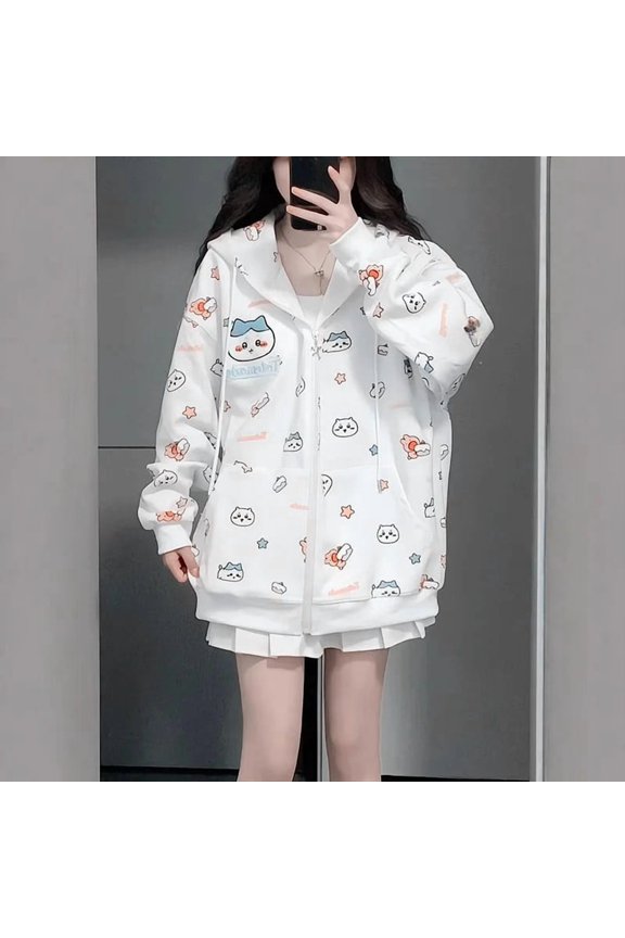 Cute Cartoon Print Hooded Sweatshirt Outerwear Sweet Spring Autumn Winter Loose Coat