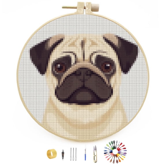 Cute Cartoon Pug Dog Stamped Cross Stitch Kits for Beginners with Hoop Simple Patterns 11CT Counted Embroidery Needlepoint Crafts Arts for DIY Enthusiasts and Home Decor 26x26cm(1)