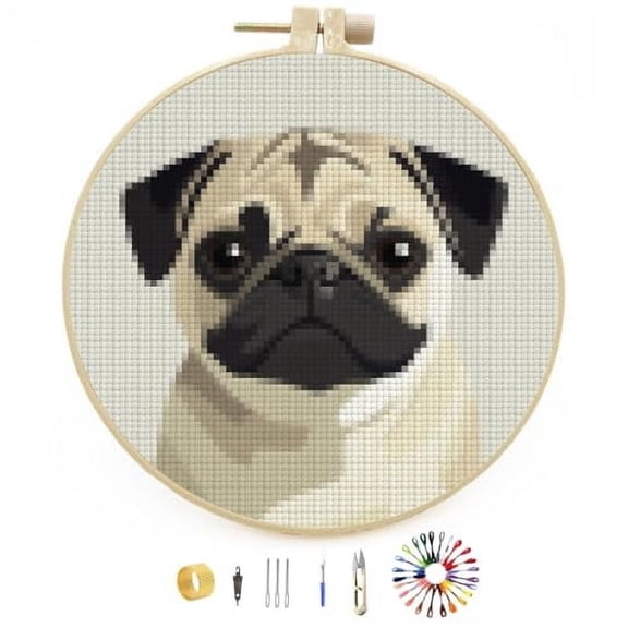 Cute Cartoon Pug Dog Stamped Cross Stitch Kits for Beginners with Hoop Simple Patterns 11CT Counted Embroidery Needlepoint Crafts Arts for DIY Enthusiasts and Home Decor 26x26cm(2)