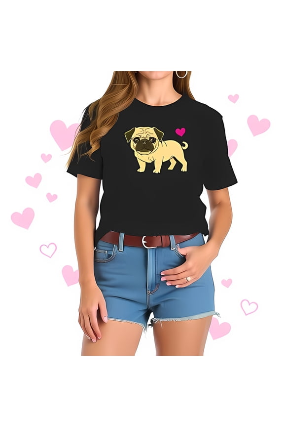 Cute Cartoon Pug Graphic Cotton Short Sleeve T-Shirt with Pink Heart Accents - Casual Relaxed Fit Tee