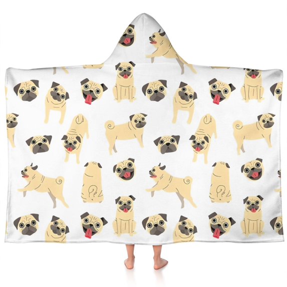 Cute Cartoon Pug Hooded Bath Towel,60"x35" for Ages 3 To 12 Kids, Quick Dry Lightweight Soft Microfiber Hood Beach Towel Cover Up for Kids