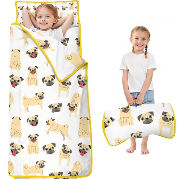 Cute Cartoon Pug Toddler Nap Mats for Kids Preschool,60"x20" Sleeping Mat Bag or Kids,Toddler Sleeping Bag,Toddler Nap Mat or Daycare
