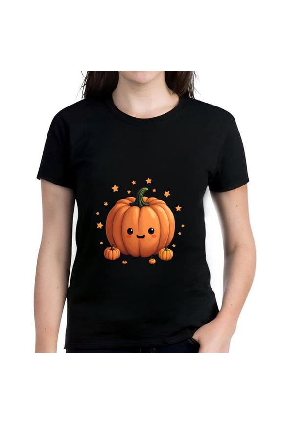 Cute Cartoon Pumpkin Design Cotton Short Sleeve T-Shirt for Fall - Smiling Pumpkin with Orange Stars - Perfect Halloween Tee