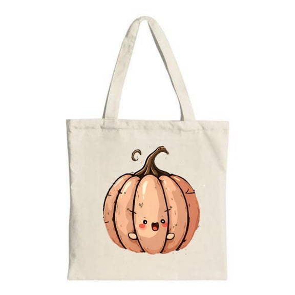 Cute Cartoon Pumpkin Tote Bag - Smiling pumpkin with red cheeks and black eyes on light fabric perfect for shopping parties and travel