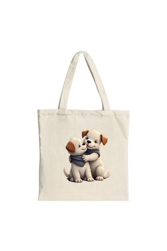 Cute Cartoon Puppies Hugging Tote Bag - Canvas Reusable Multifunctional for Shopping Travel & Parties Blue Bandanas Happy Design