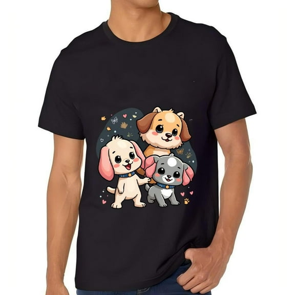 Cute Cartoon Puppies Short Sleeve Cotton T-Shirt for Men - Adorable Puppy Design with Hearts Butterflies