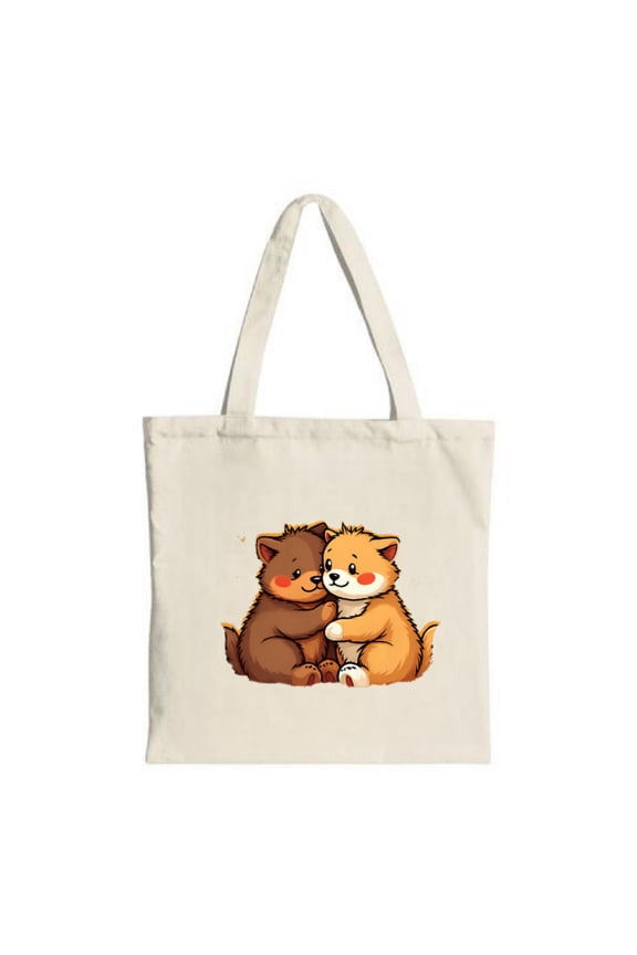 Cute Cartoon Puppies Tote Bag - Adorable brown and light brown puppies cuddling perfect for shopping travel and parties