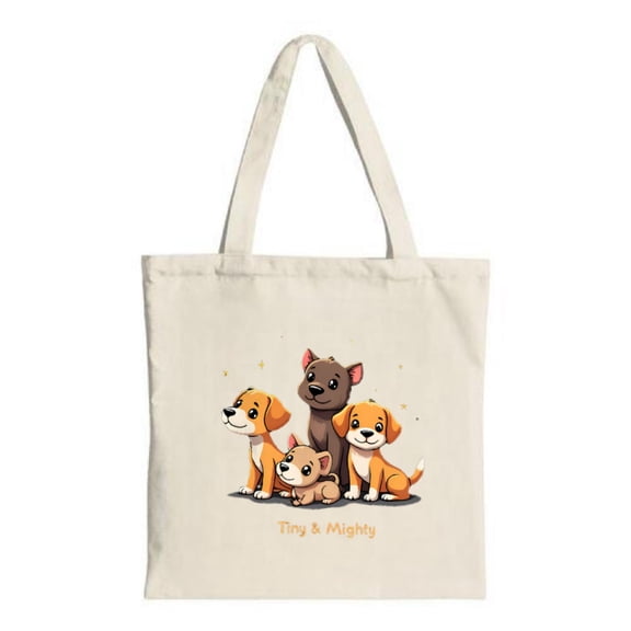 Cute Cartoon Puppies Tote Bag - Features a central brown puppy with three smaller pups ' Tiny & Mighty ' text perfect for shopping and travel
