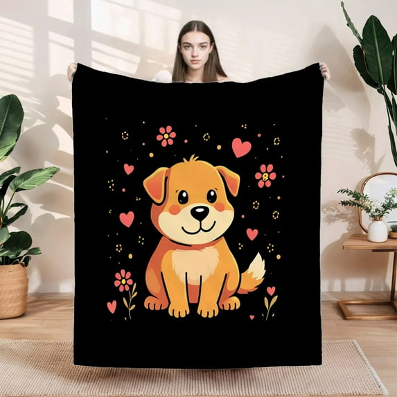Cute Cartoon Puppy Flannel Blanket - Soft Warm and Cozy with Colorful Hearts Flowers and Stars - Perfect for Sofa Travel and Bed