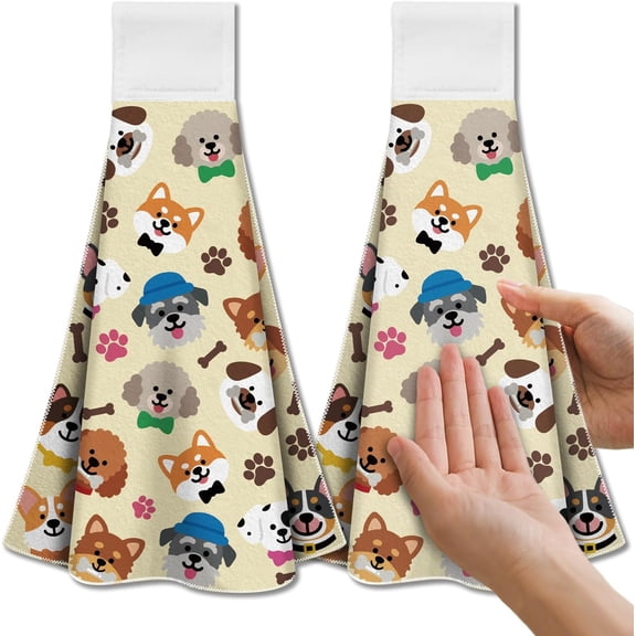 Cute Cartoon Puppy Hanging Kitchen Towels with Loop Set of 2 - Soft & Super Absorbent Microfiber Decorative Hanging Dish & Hand