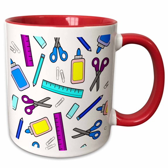3drose, Cute Cartoon Purple and Blue School Supplies - White, 15oz Two-tone Red Mug