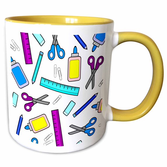 3drose, Cute Cartoon Purple and Blue School Supplies - White, 15oz Two-tone Yellow Mug